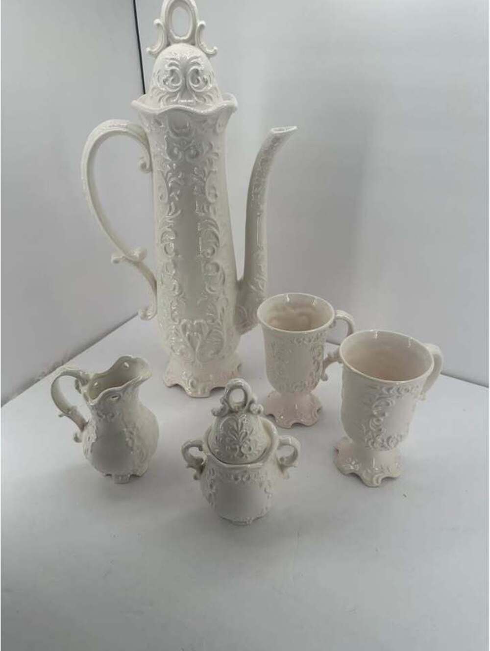 Vintage Ornate White Ceramic Coffee and Tea Set